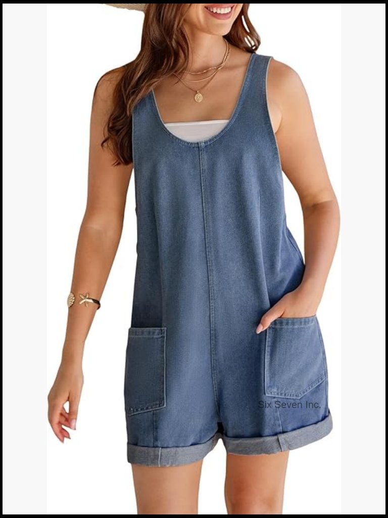 Denim Overalls Sleeveless Romper With Pockets Rolled Cuff Casual Summer